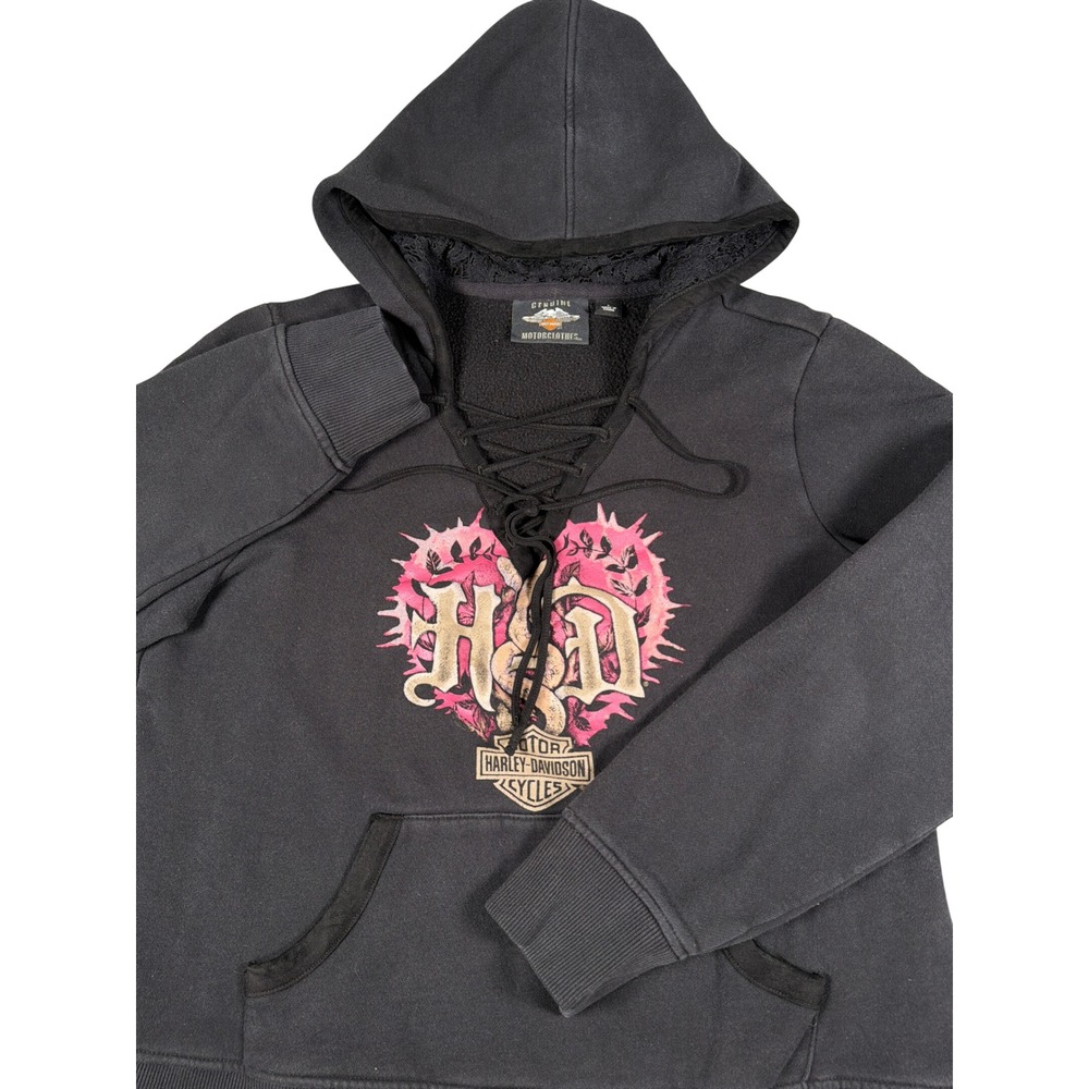 Harley-Davidson Womens Lace Up Hoodie Black Pink Heart Snake Graphic Large Y2K